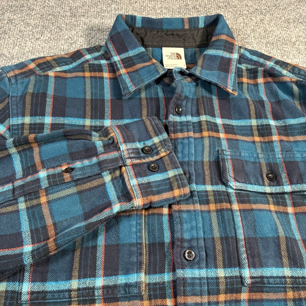 The North Face Flannel Shirt Mens M Blue Orange Plaid‎ Lined Collar